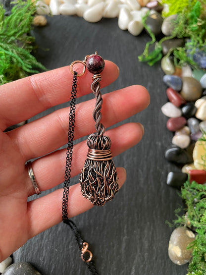 009. Miniature Collectible Broom Pendant With Twisted Handle And Garnet Crystal | Add Custom Name Charm