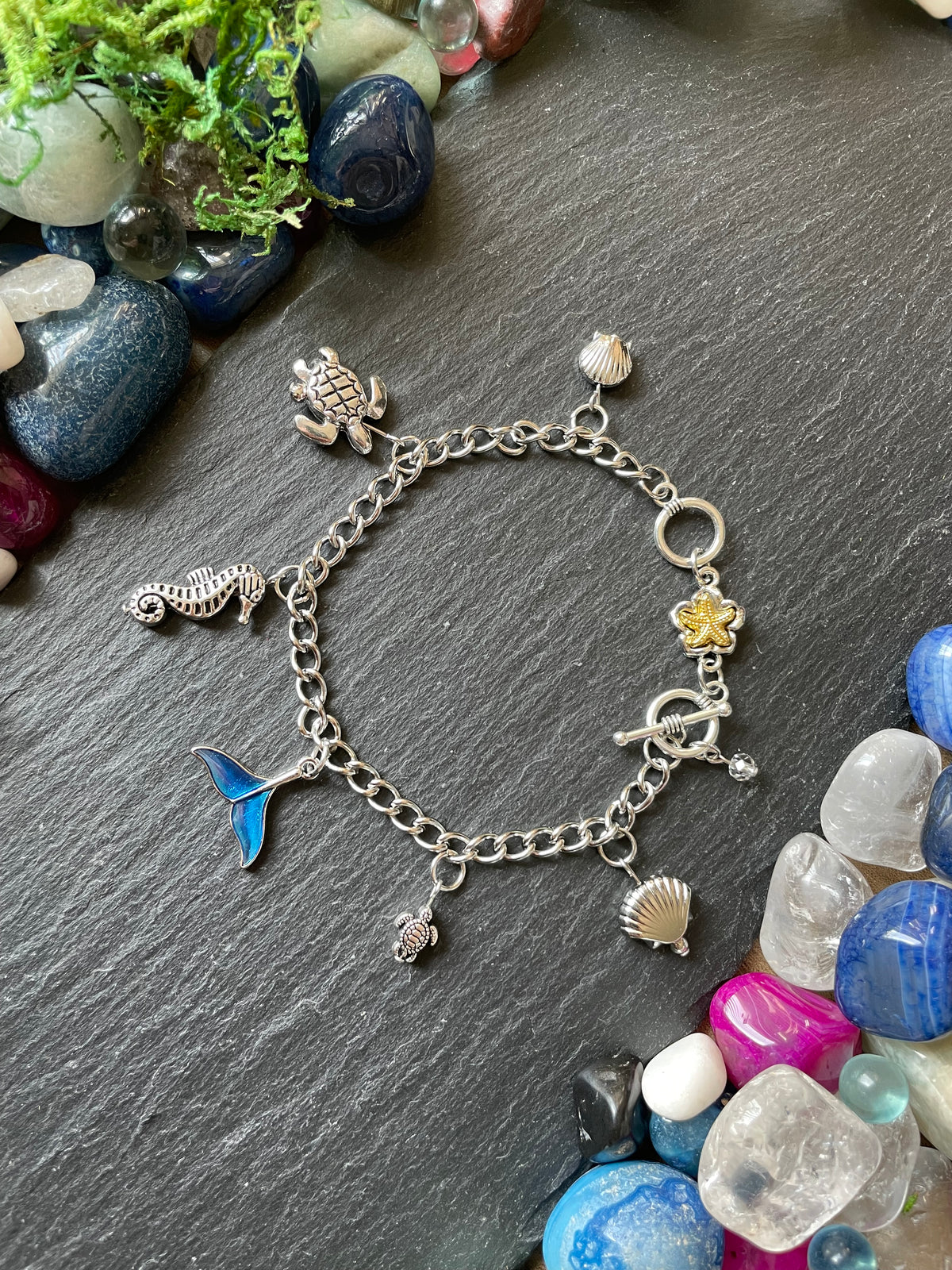 Mermaid Charm Bracelet With Turtle, Clam Shell, Seahorse, And Mermaid Tail Charms