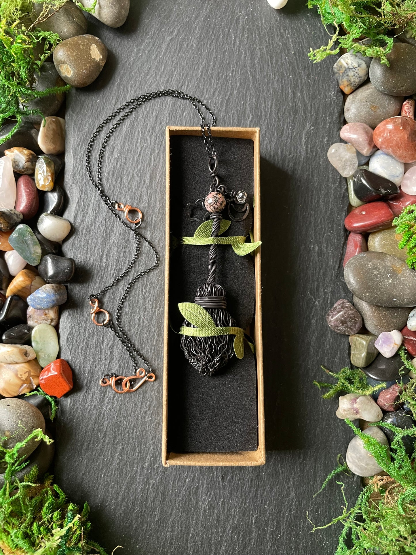 0126. Miniature Collectible Black Broom Pendant With Pink/Black Rhodonite Stone And Celestial Charms | Add Custom Name Charm