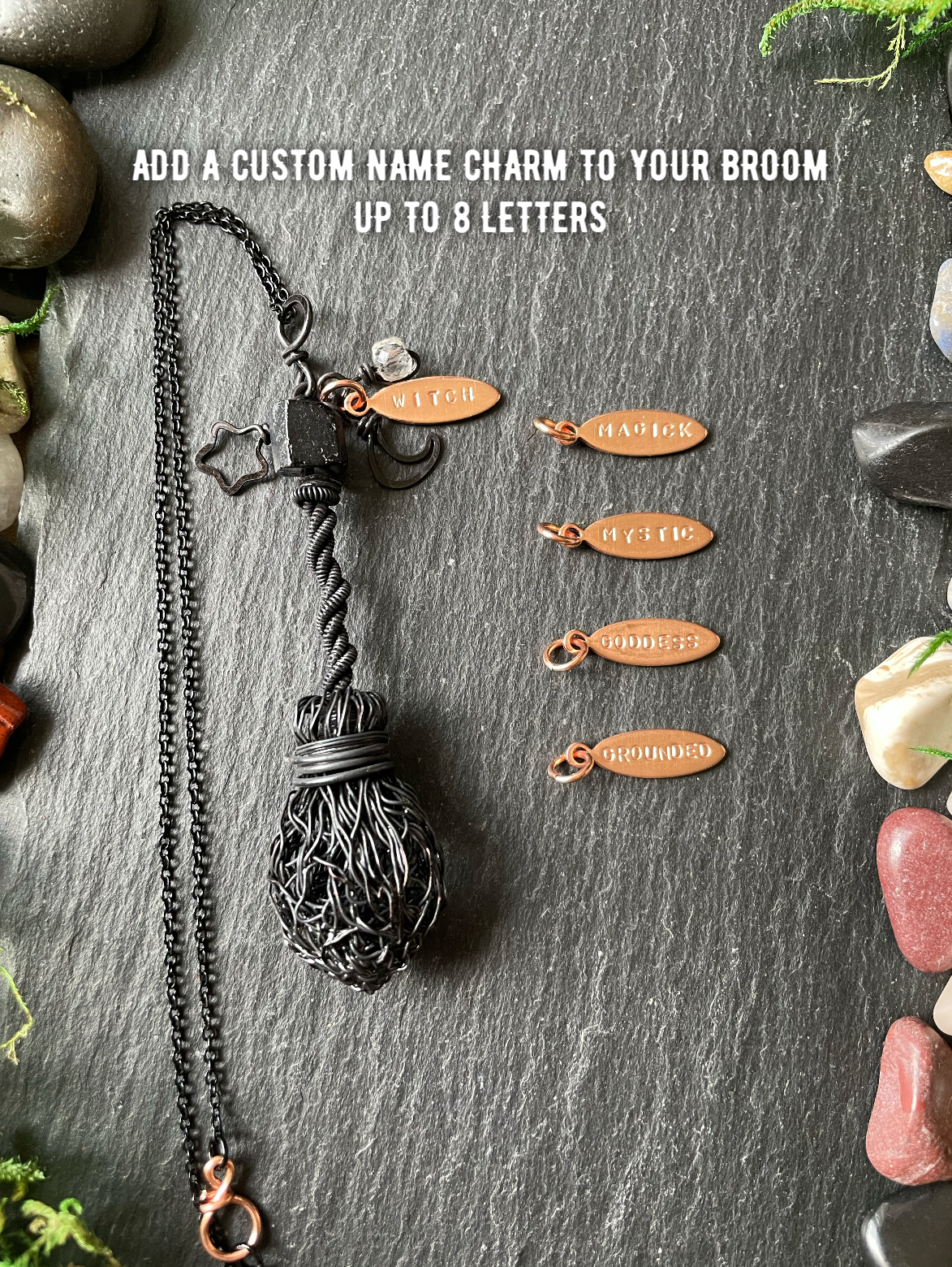 0120. Miniature Collectible Black Broom Pendant With Tourmaline Stone And Celestial Charms | Add Custom Name Charm