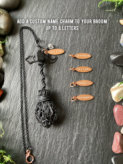 0120. Miniature Collectible Black Broom Pendant With Tourmaline Stone And Celestial Charms | Add Custom Name Charm