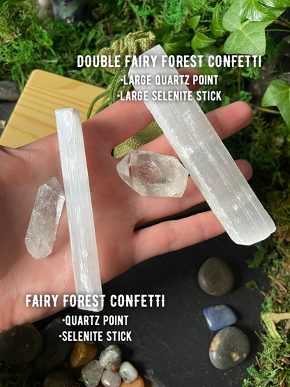 Magical Mini Fairy Forest Crystal Confetti With Wooden Box, Quartz Point, And Selenite Stick