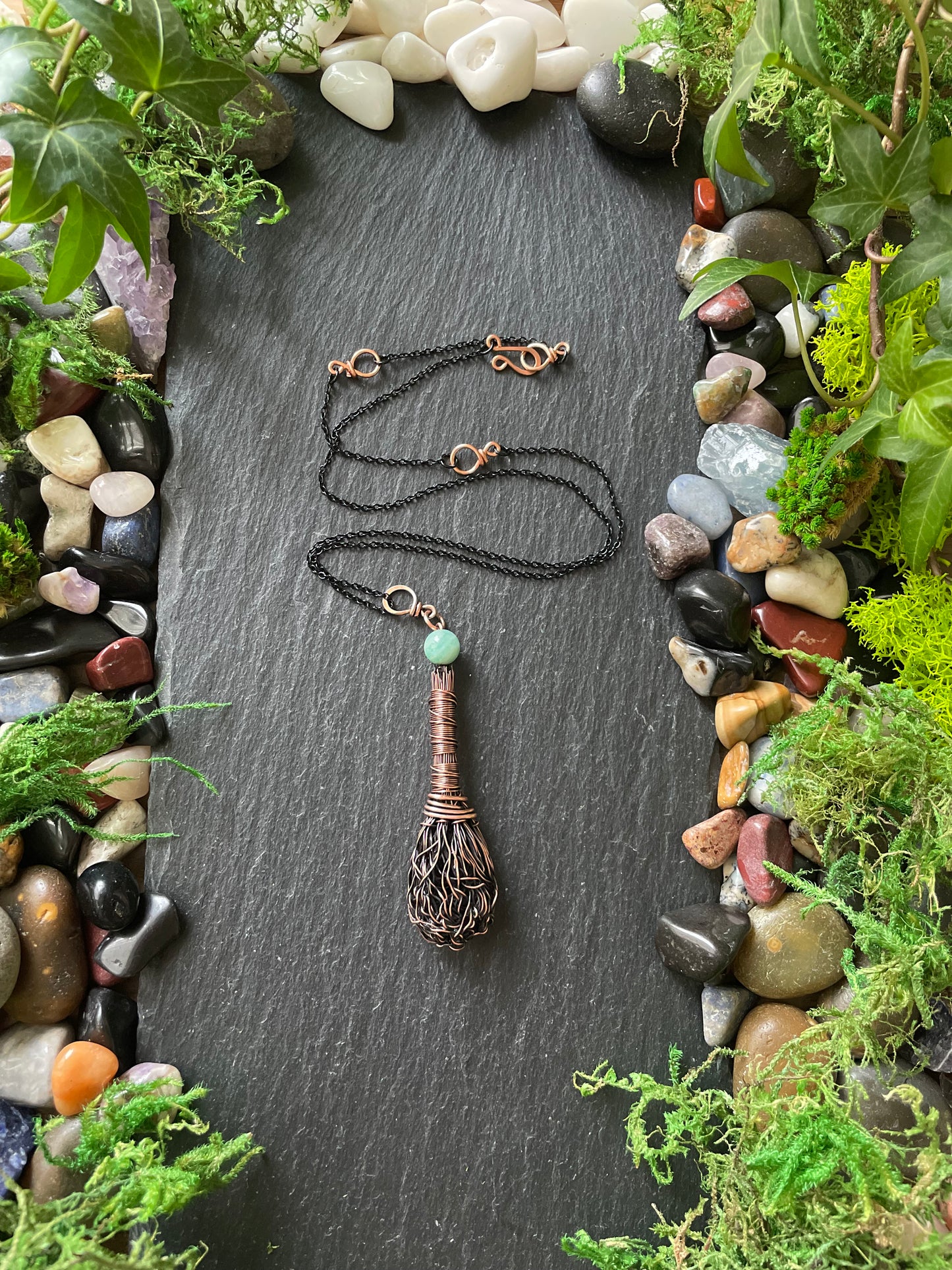 0110. Miniature Collectible Broom Pendant With Wrapped Handle And Amazonite Stone | Add Custom Name Charm