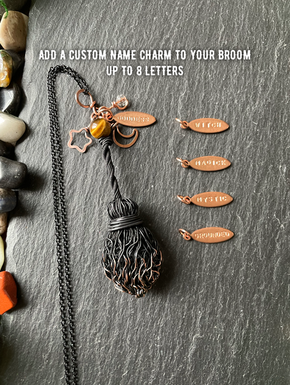 0127. Miniature Collectible Black Broom Pendant With Tiger’s Eye Stone And Celestial Charms | Add Custom Name Charm