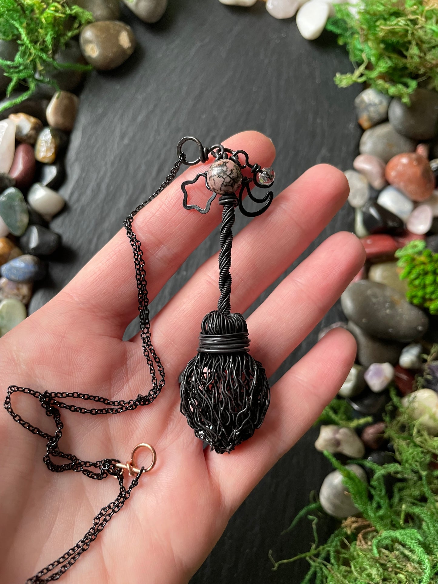 0126. Miniature Collectible Black Broom Pendant With Pink/Black Rhodonite Stone And Celestial Charms | Add Custom Name Charm