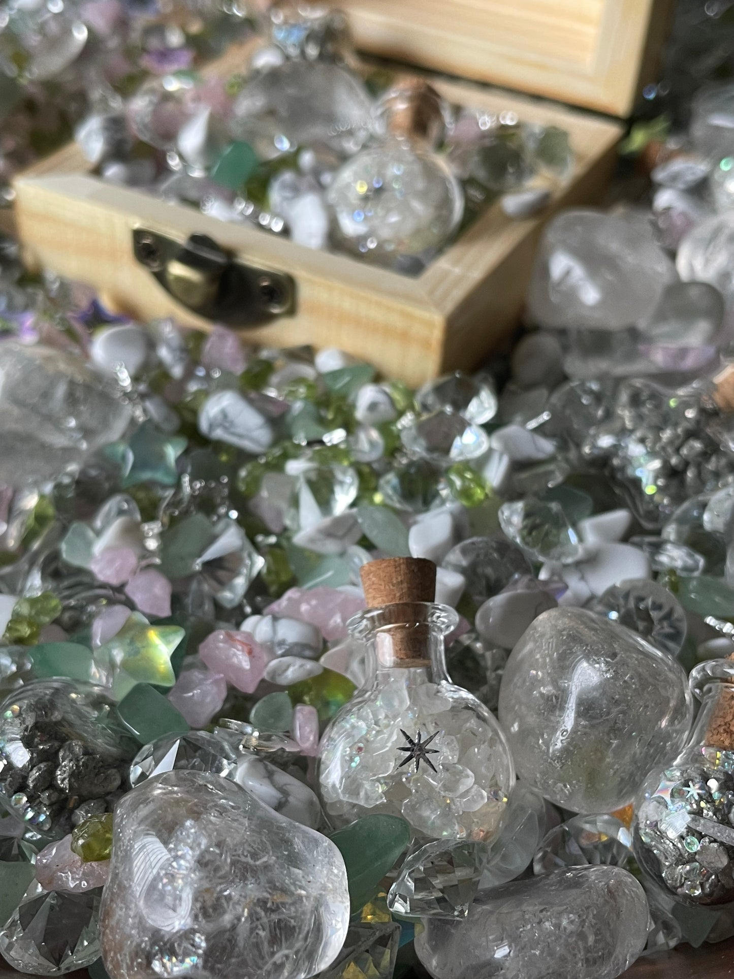 Magical Mini Fairy Forest Crystal Confetti With Wooden Box, Quartz Point, And Selenite Stick