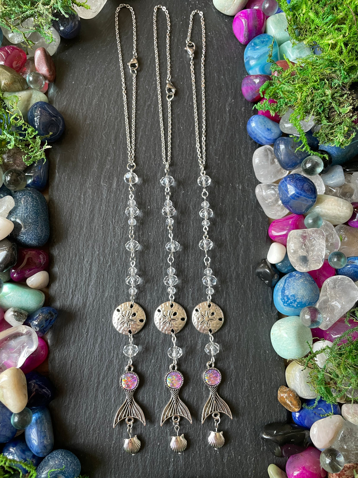 Mermaid Car Mirror Charm With Glass Beads, Sand Dollar, Clam Shell, And Mermaid Tail