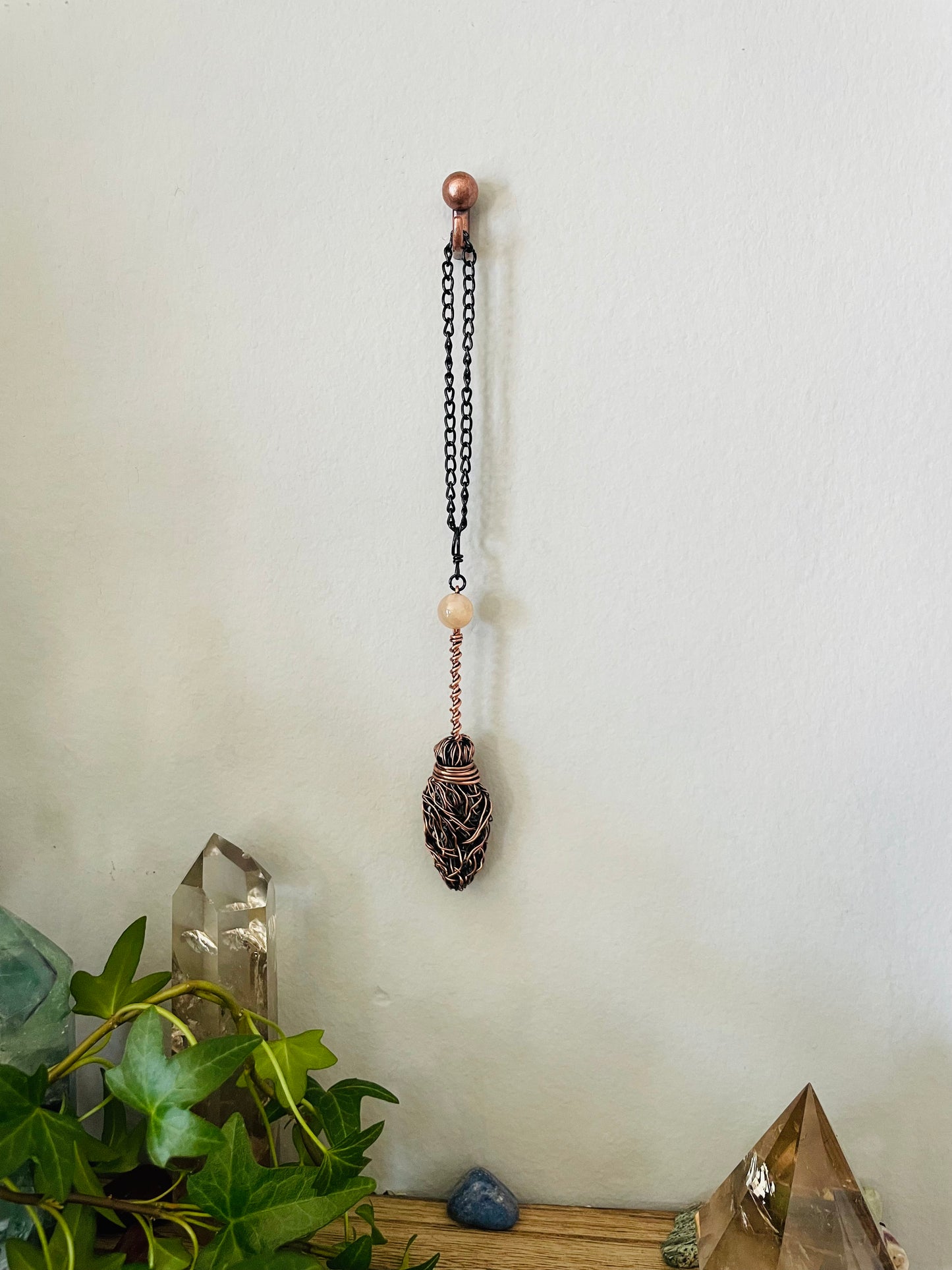 Miniature Collectible Broom Wall Charm With Peach Moonstone Crystal, Handmade Broom To Accent A Witch’s Home