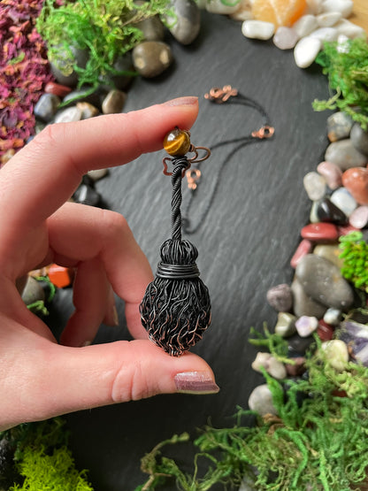 0127. Miniature Collectible Black Broom Pendant With Tiger’s Eye Stone And Celestial Charms | Add Custom Name Charm