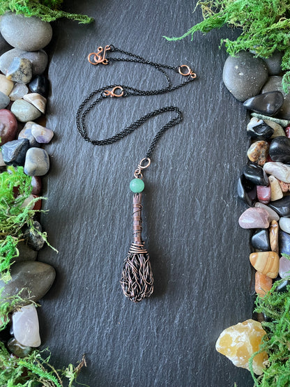 0112. Miniature Collectible Broom Pendant With Wrapped Handle And Green Aventurine Crystal | Add Custom Name Charm