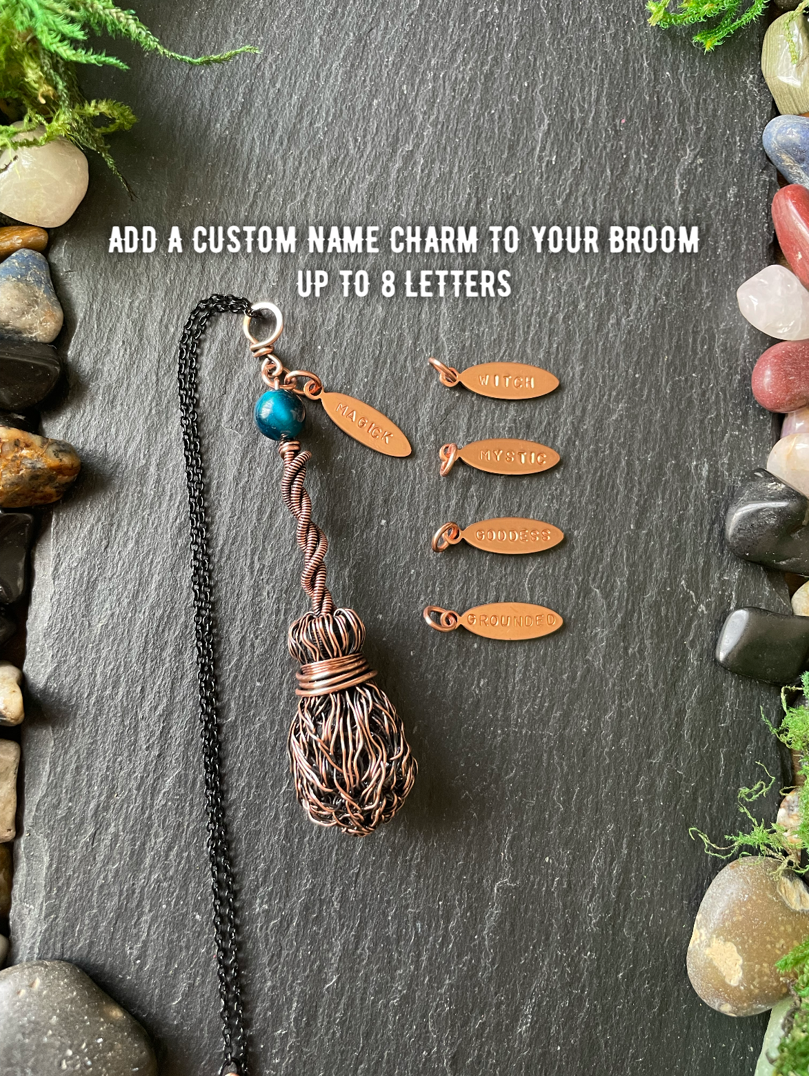 007. Miniature Collectible Broom Pendant With Twisted Handle And Blue Tiger’s Eye Crystal | Add Custom Name Charm