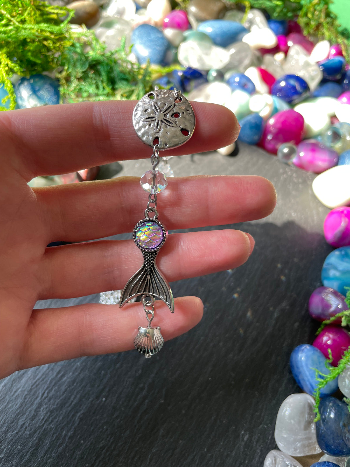 Mermaid Car Mirror Charm With Glass Beads, Sand Dollar, Clam Shell, And Mermaid Tail