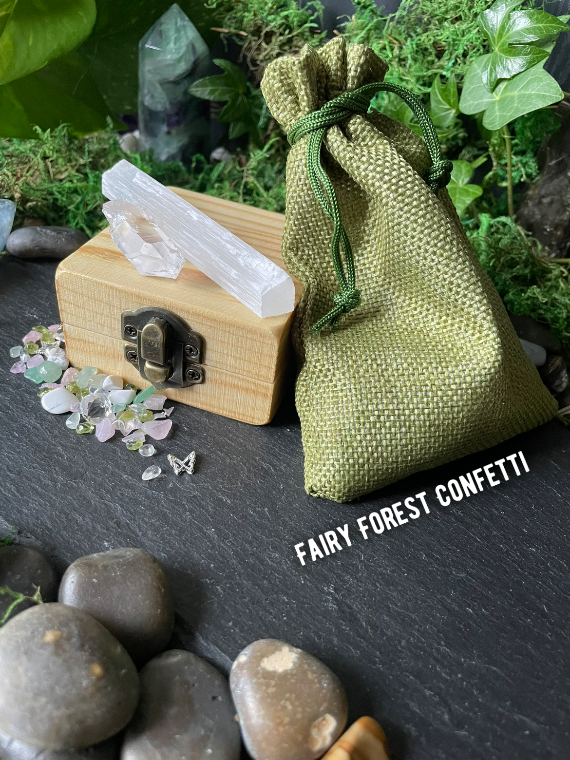 Magical Mini Fairy Forest Crystal Confetti With Wooden Box, Quartz Point, And Selenite Stick