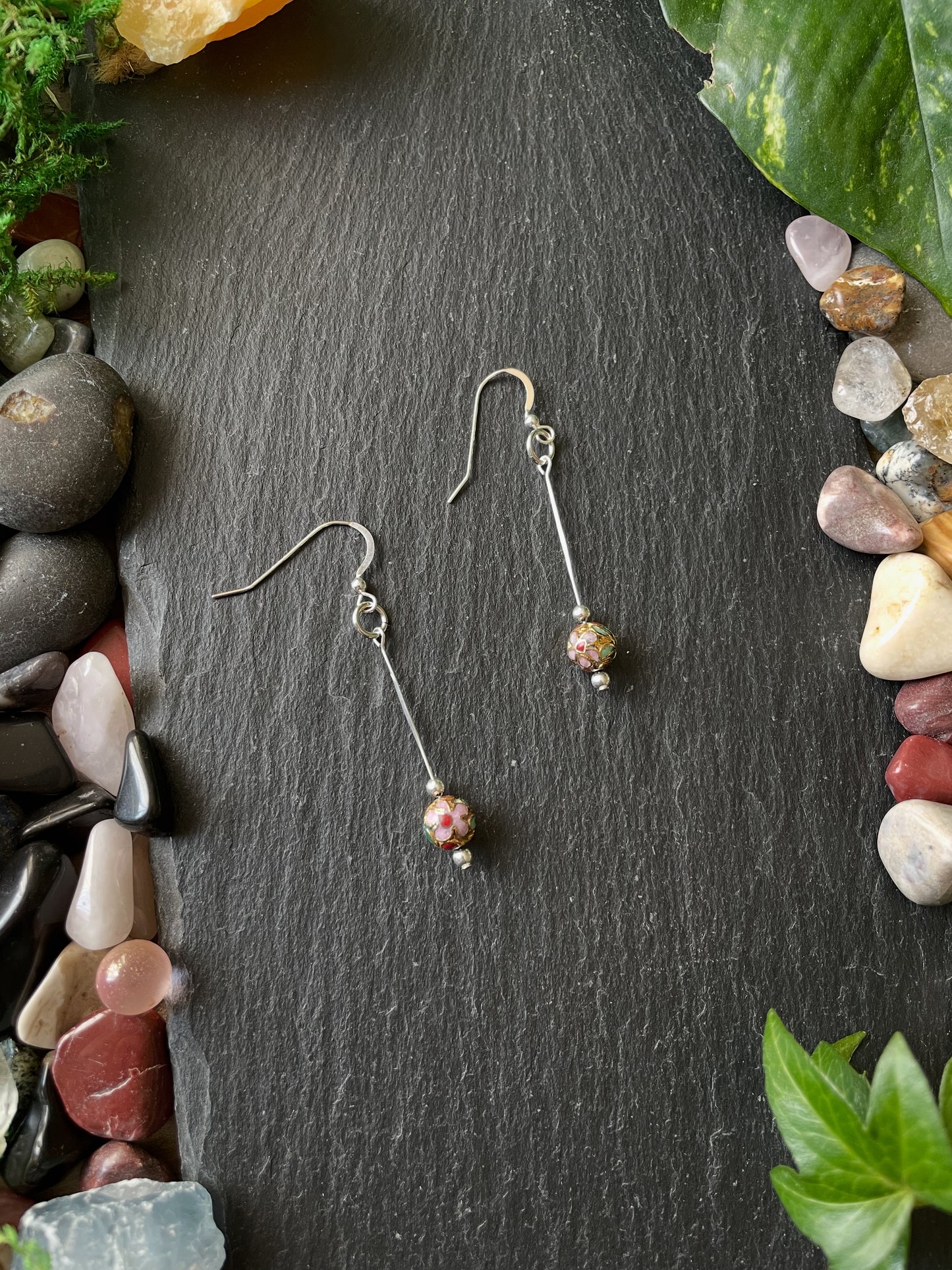 Silver Drop Earrings With Gold Cloisonné Flower Beads In .925 Sterling Silver