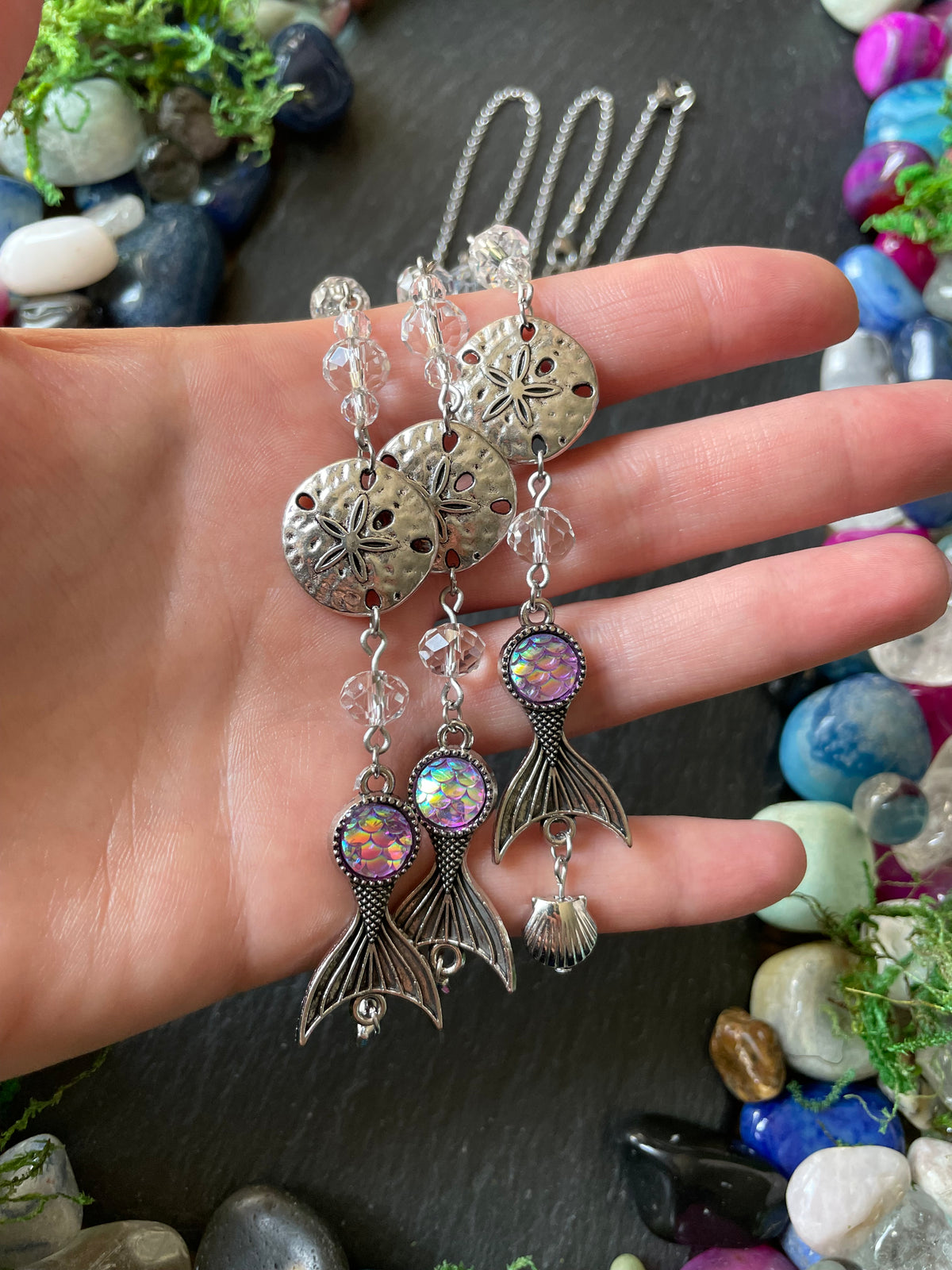 Mermaid Car Mirror Charm With Glass Beads, Sand Dollar, Clam Shell, And Mermaid Tail