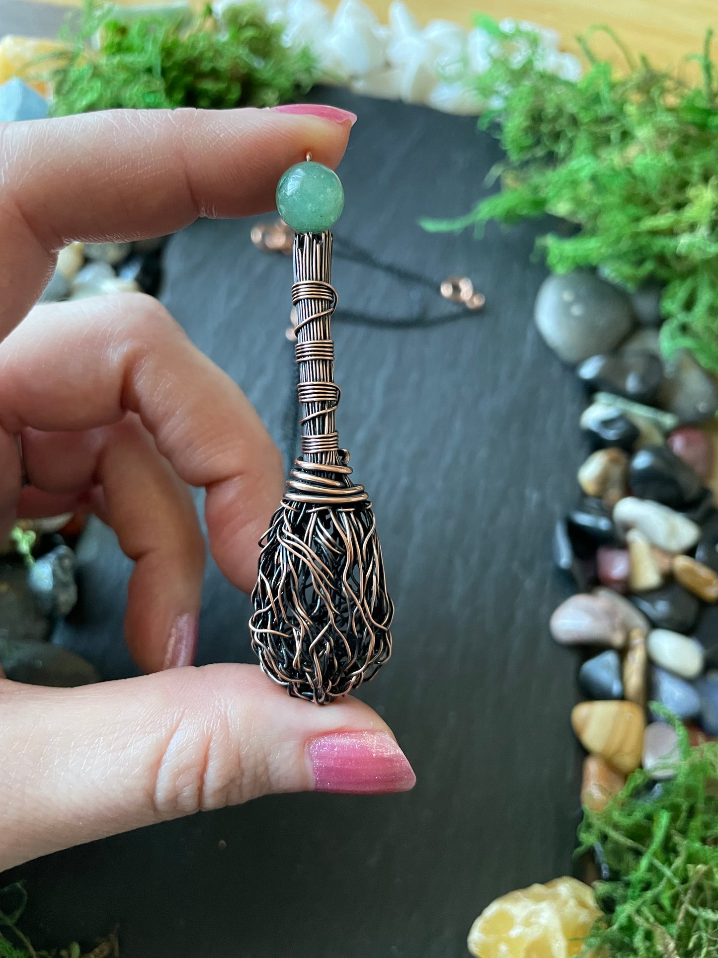 0112. Miniature Collectible Broom Pendant With Wrapped Handle And Green Aventurine Crystal | Add Custom Name Charm