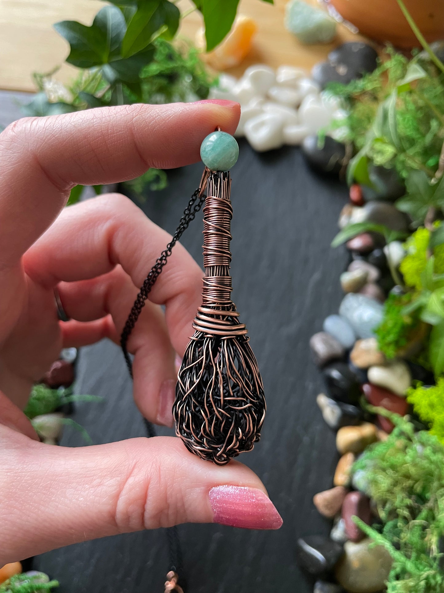 0110. Miniature Collectible Broom Pendant With Wrapped Handle And Amazonite Stone | Add Custom Name Charm