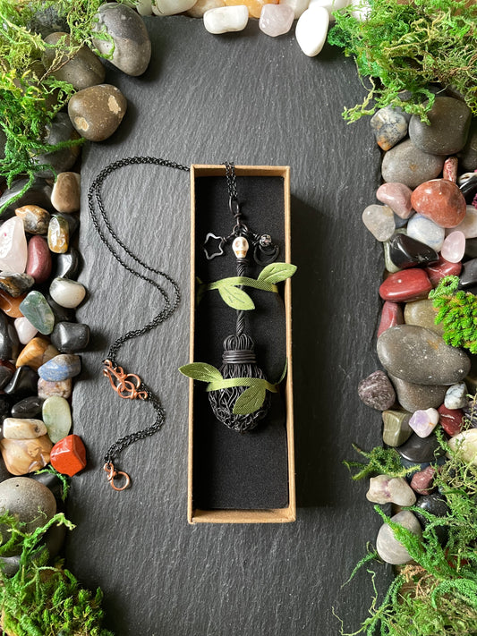 0125. Miniature Collectible Black Broom Pendant With Skull And Celestial Charms | Add Custom Name Charm