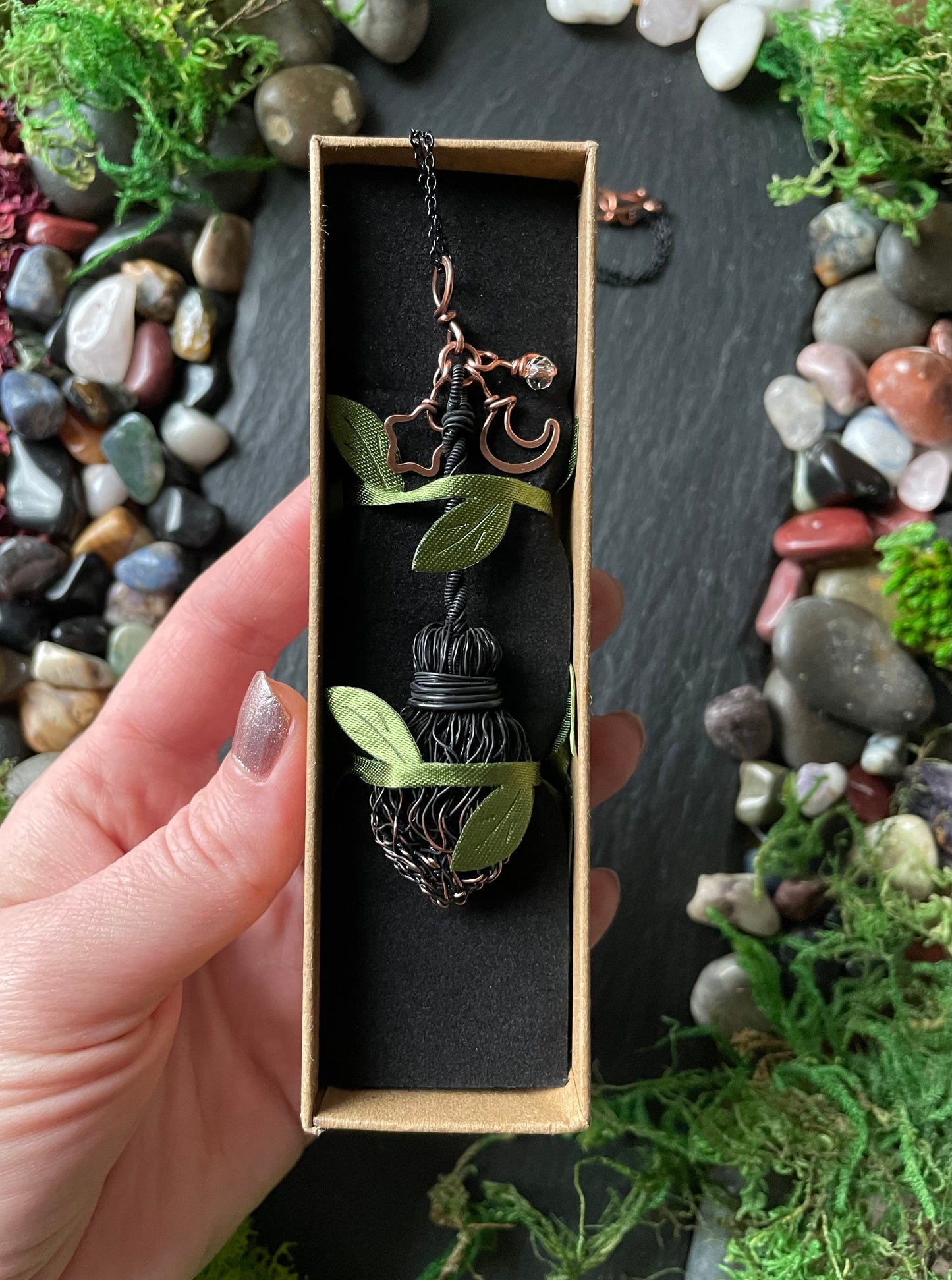 0128. Miniature Collectible Black Broom Pendant With Straight Handle And Celestial Charms | Add Custom Name Charm