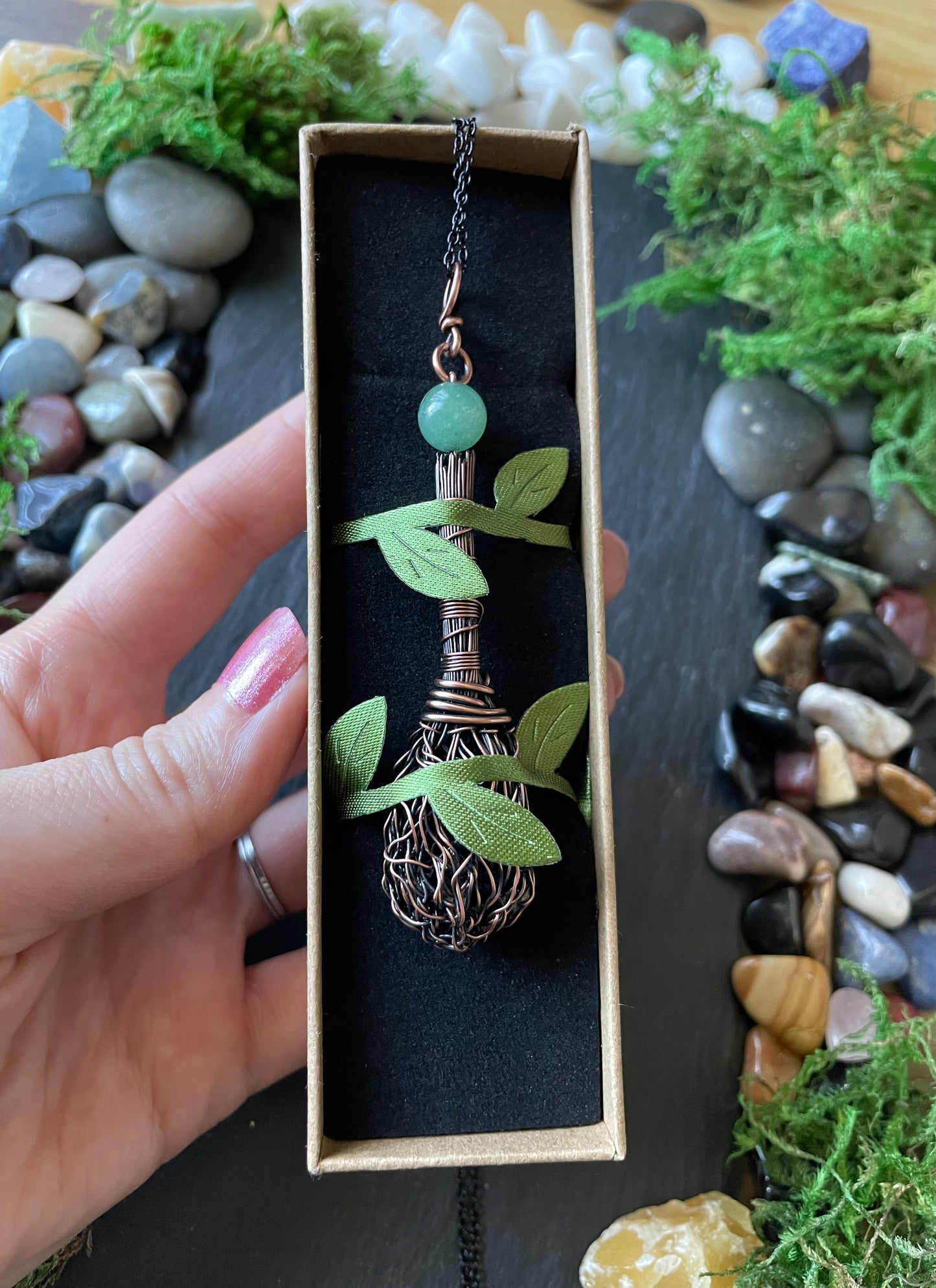 0112. Miniature Collectible Broom Pendant With Wrapped Handle And Green Aventurine Crystal | Add Custom Name Charm