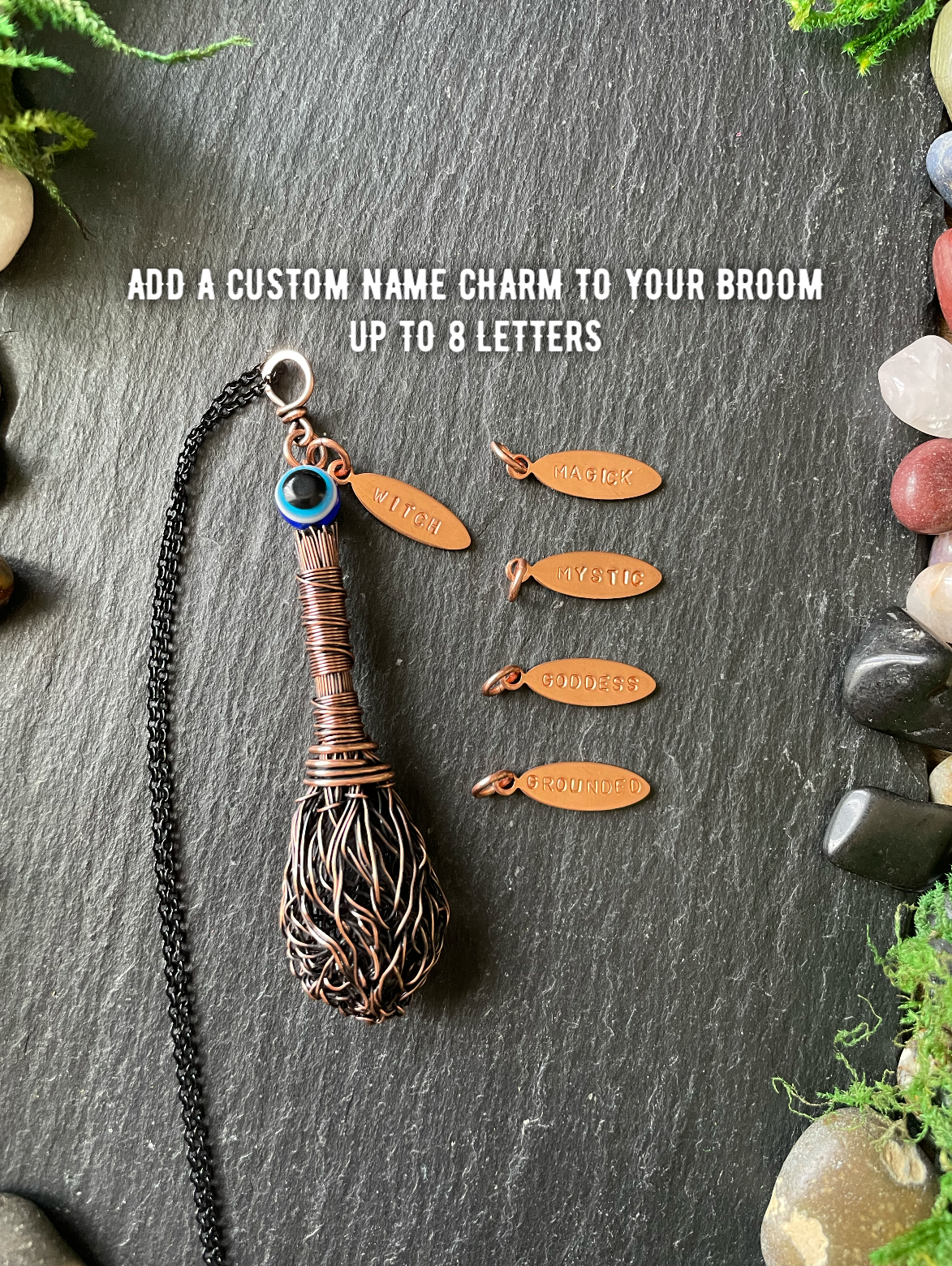 008. Miniature Collectible Broom Pendant With Wrapped Handle And Evil Eye Protection Bead | Add Custom Name Charm