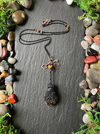0127. Miniature Collectible Black Broom Pendant With Tiger’s Eye Stone And Celestial Charms | Add Custom Name Charm