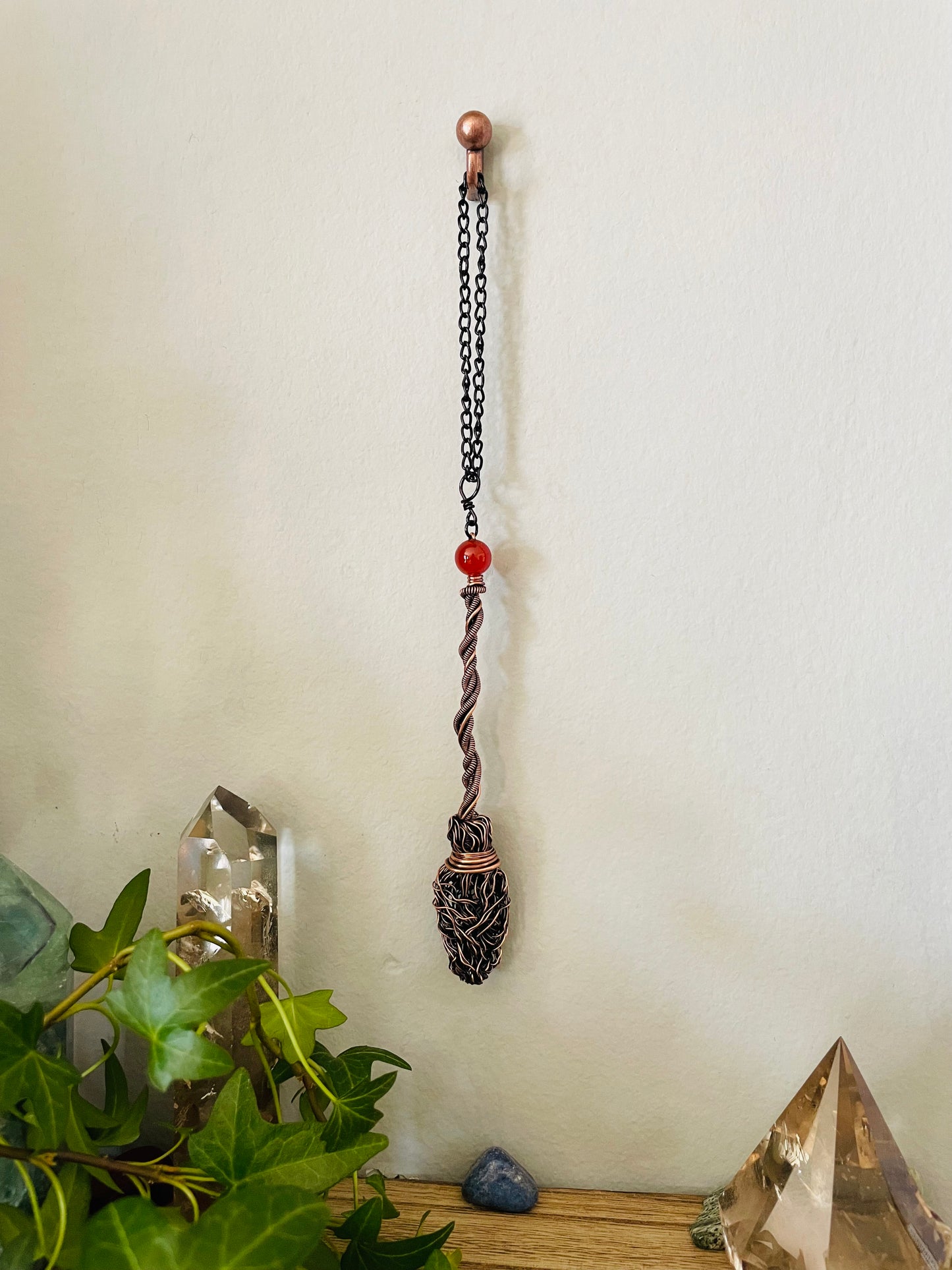 Miniature Collectible Broom Wall Charm With Carnelian Crystal, Handmade Broom To Accent A Witch’s Home