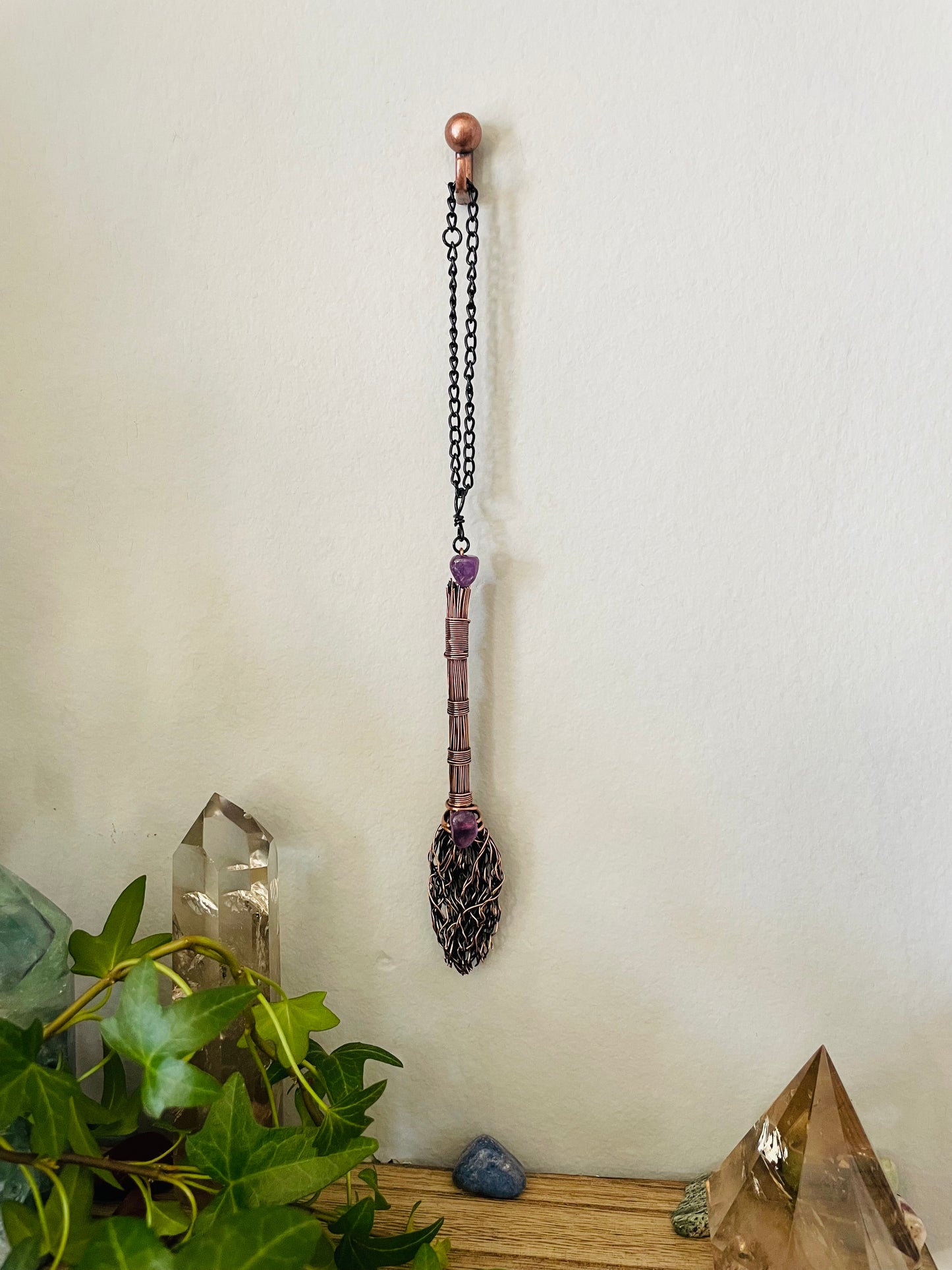 Miniature Collectible Broom Wall Charm With Amethyst Crystals, Handmade Broom To Accent A Witch’s Home