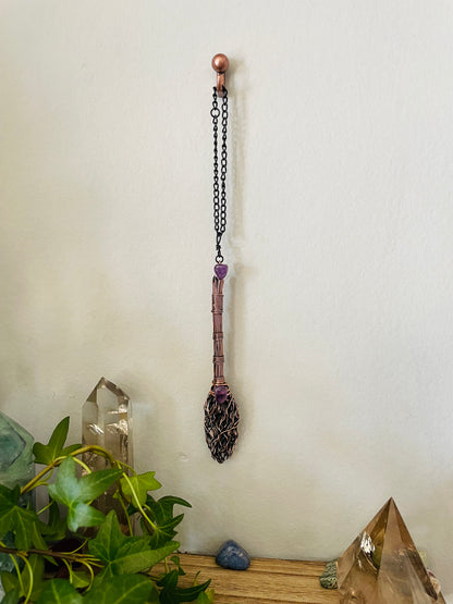 Miniature Collectible Broom Wall Charm With Amethyst Crystals, Handmade Broom To Accent A Witch’s Home