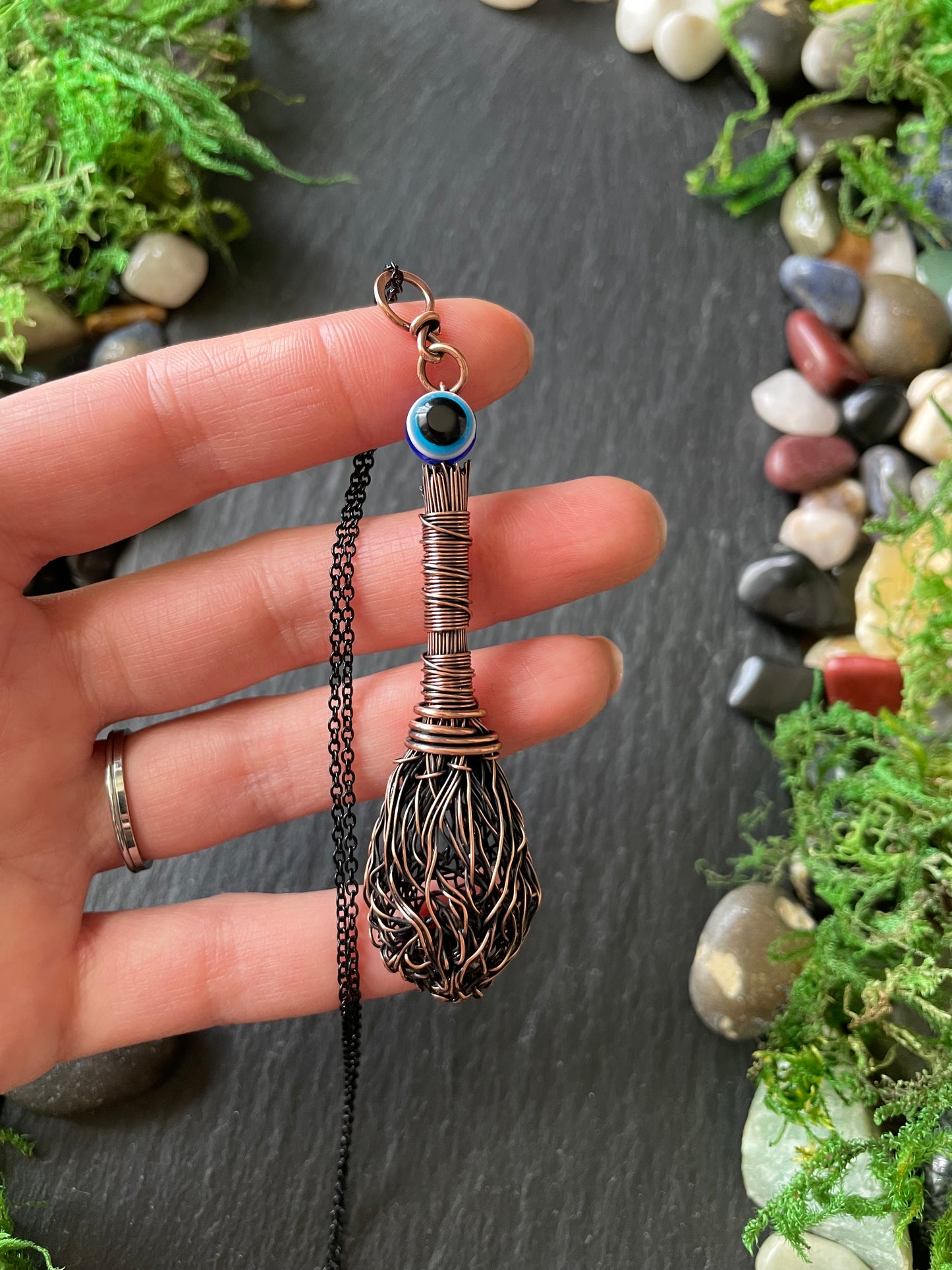 008. Miniature Collectible Broom Pendant With Wrapped Handle And Evil Eye Protection Bead | Add Custom Name Charm