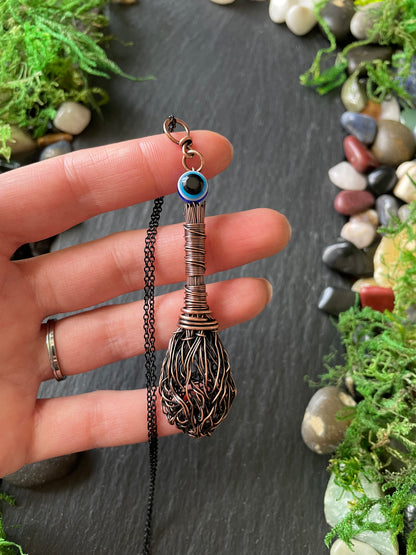 008. Miniature Collectible Broom Pendant With Wrapped Handle And Evil Eye Protection Bead | Add Custom Name Charm