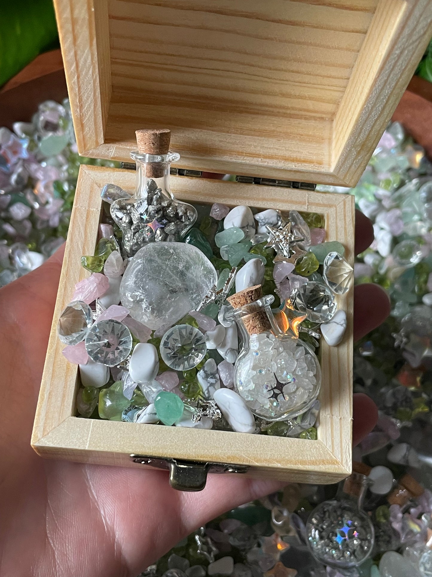 Magical Mini Fairy Forest Crystal Confetti With Wooden Box, Quartz Point, And Selenite Stick