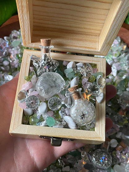 Magical Mini Fairy Forest Crystal Confetti With Wooden Box, Quartz Point, And Selenite Stick
