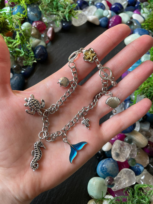 Mermaid Charm Bracelet With Turtle, Clam Shell, Seahorse, And Mermaid Tail Charms