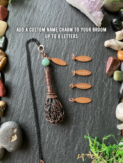 0110. Miniature Collectible Broom Pendant With Wrapped Handle And Amazonite Stone | Add Custom Name Charm