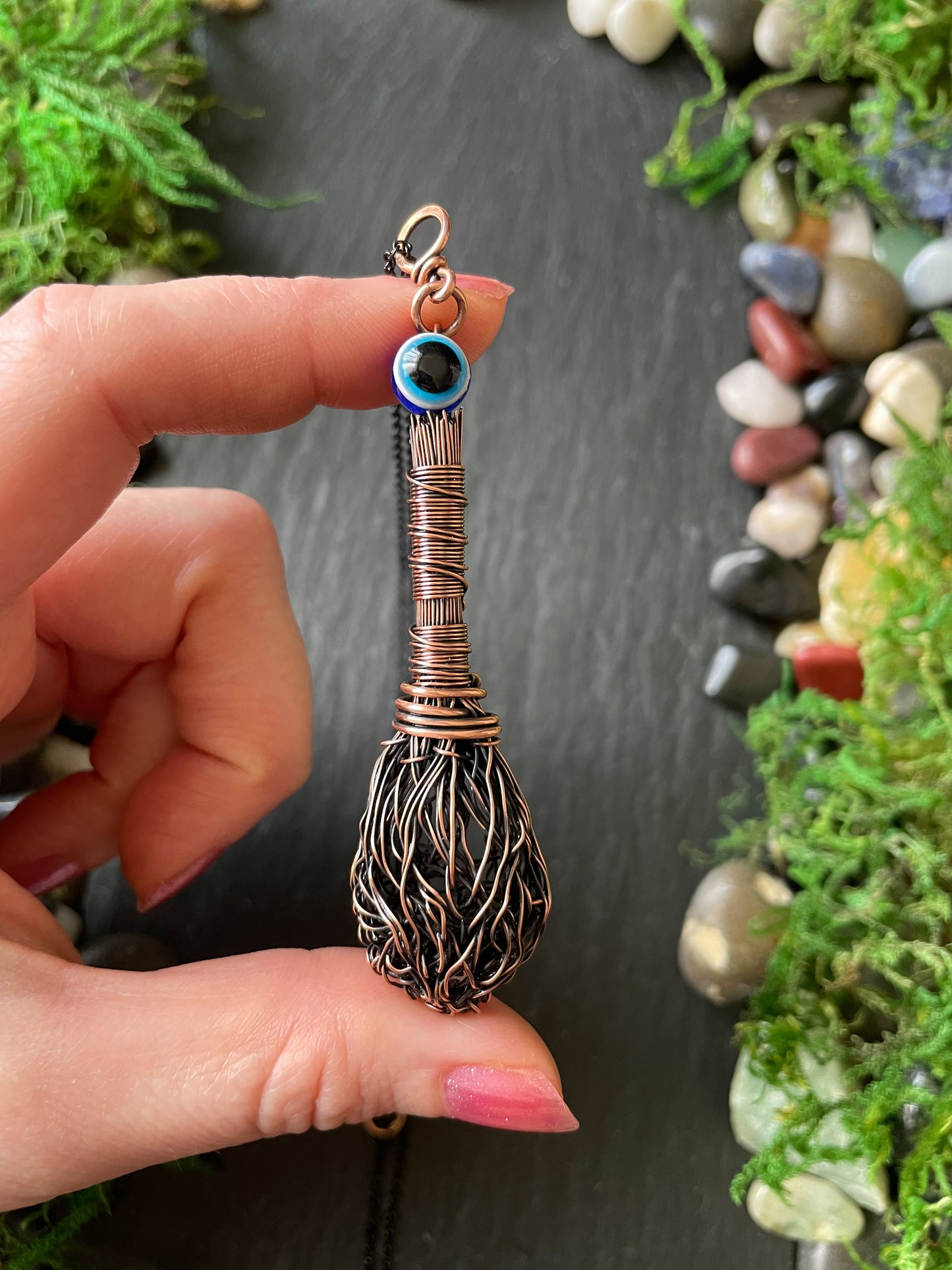 008. Miniature Collectible Broom Pendant With Wrapped Handle And Evil Eye Protection Bead | Add Custom Name Charm