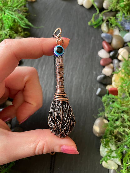 008. Miniature Collectible Broom Pendant With Wrapped Handle And Evil Eye Protection Bead | Add Custom Name Charm