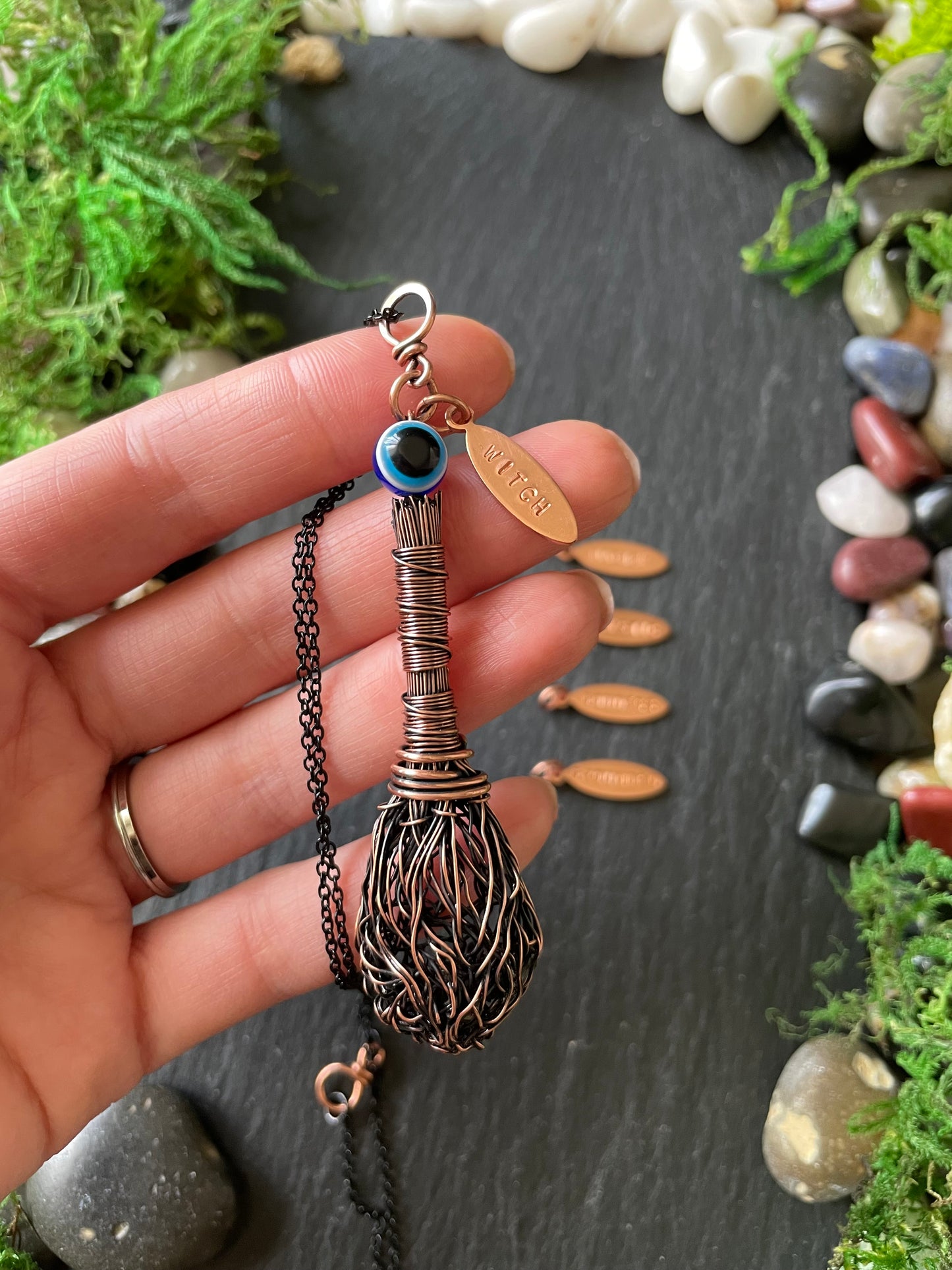 008. Miniature Collectible Broom Pendant With Wrapped Handle And Evil Eye Protection Bead | Add Custom Name Charm