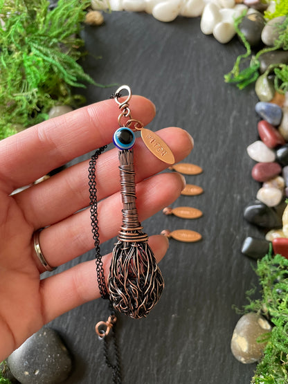 008. Miniature Collectible Broom Pendant With Wrapped Handle And Evil Eye Protection Bead | Add Custom Name Charm