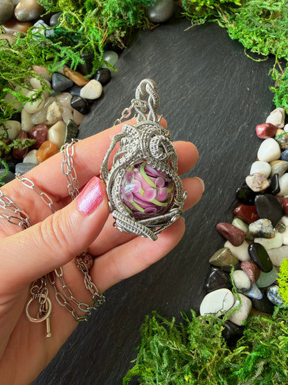 Magically Enchanted Flower Sphere Amulet In A Stainless Steel Wire Weave | One-of-a-Kind Handmade