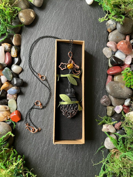 0127. Miniature Collectible Black Broom Pendant With Tiger’s Eye Stone And Celestial Charms | Add Custom Name Charm
