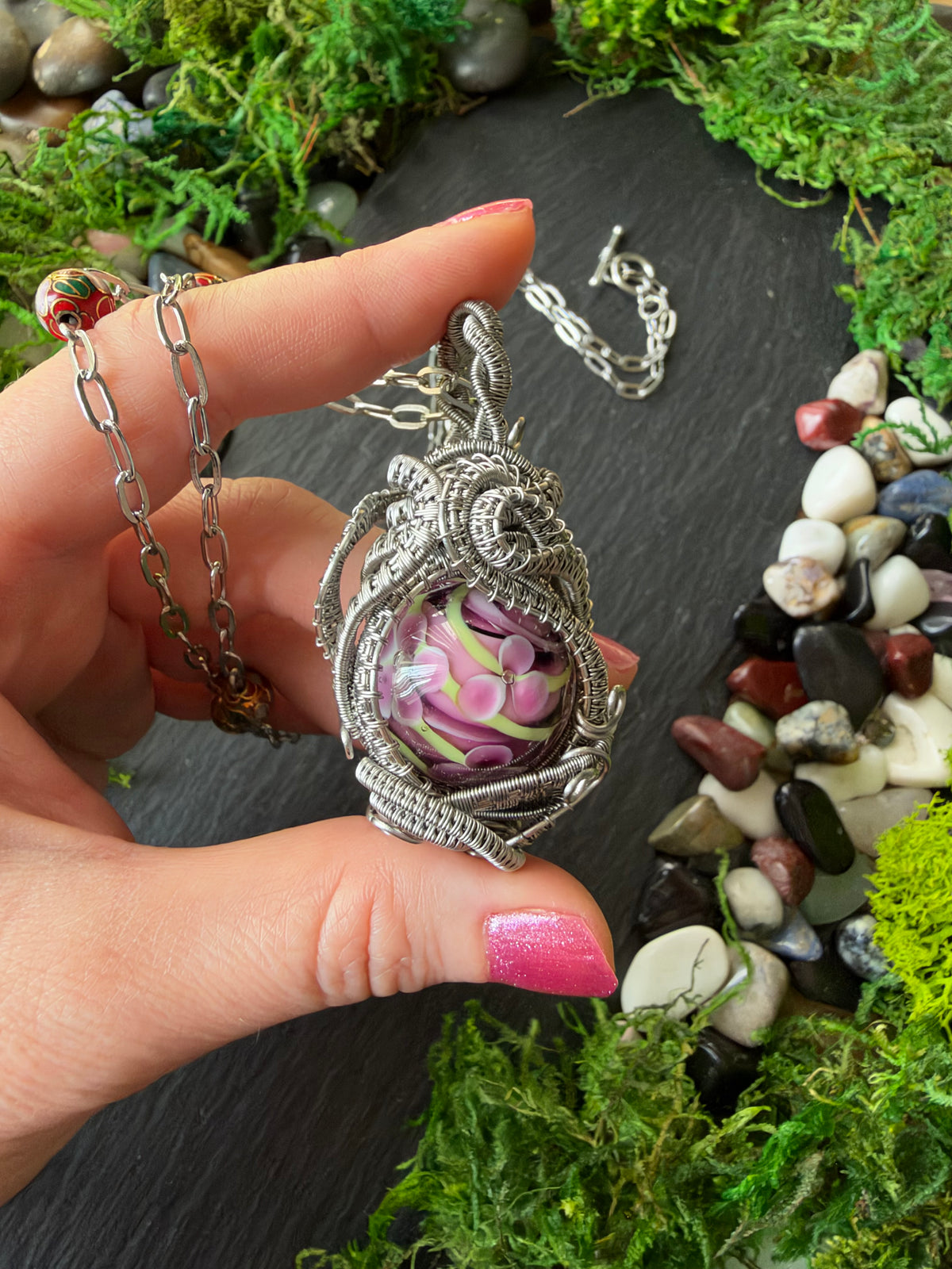Magically Enchanted Flower Sphere Amulet In A Stainless Steel Wire Weave | One-of-a-Kind Handmade