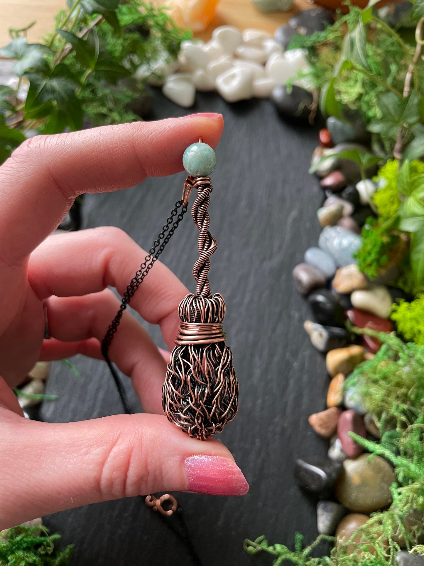 0111. Miniature Collectible Broom Pendant With Twisted Handle And Amazonite Stone | Add Custom Name Charm