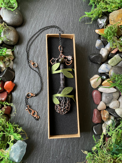 0119. Miniature Collectible Black Broom Pendant With Gold Sheen Obsidian Stone And Celestial Charms | Add Custom Name Charm