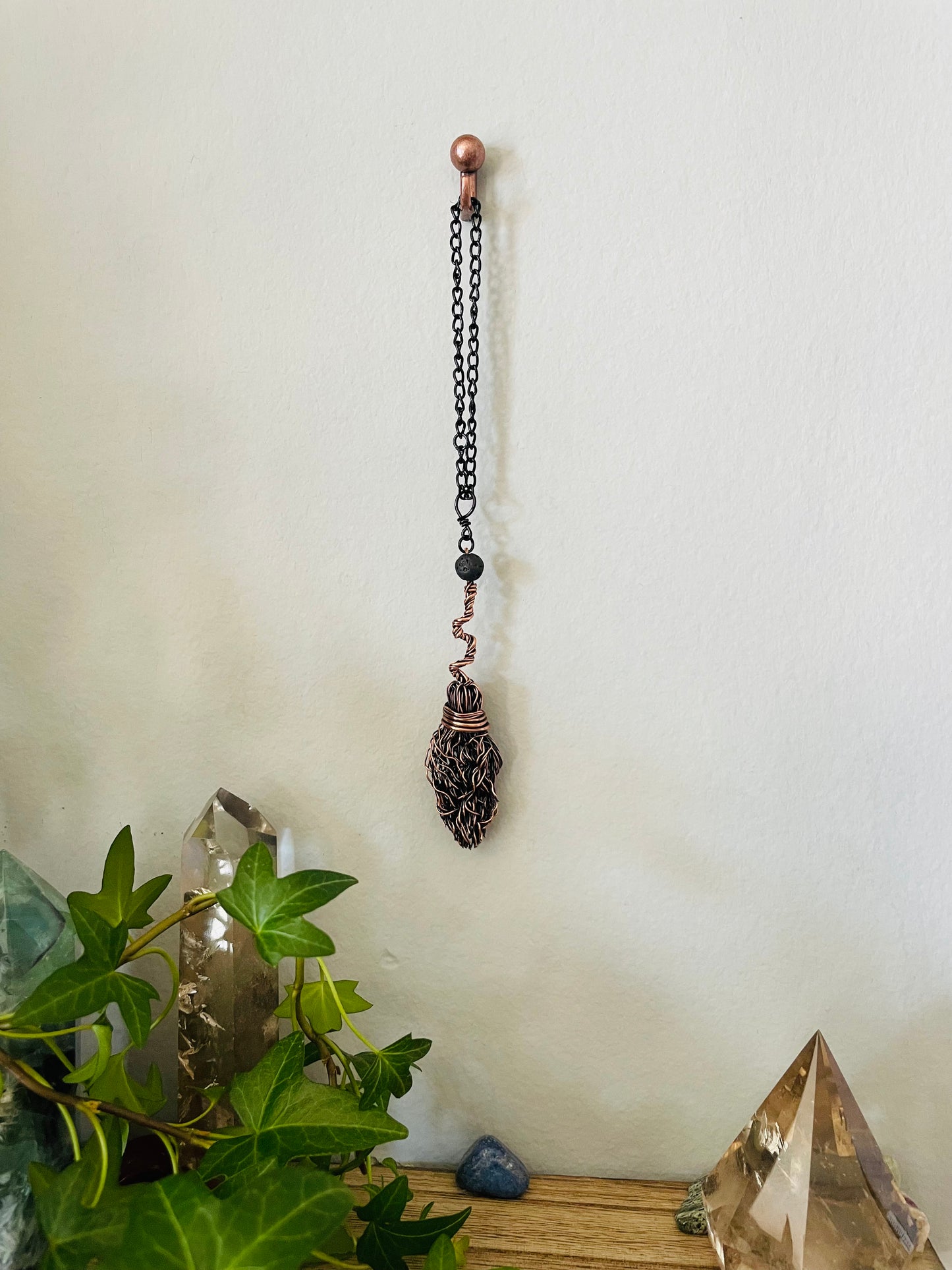 Miniature Collectible Broom Wall Charm With Lava Stone, Handmade Broom To Accent A Witch’s Home