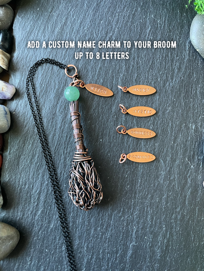 0112. Miniature Collectible Broom Pendant With Wrapped Handle And Green Aventurine Crystal | Add Custom Name Charm