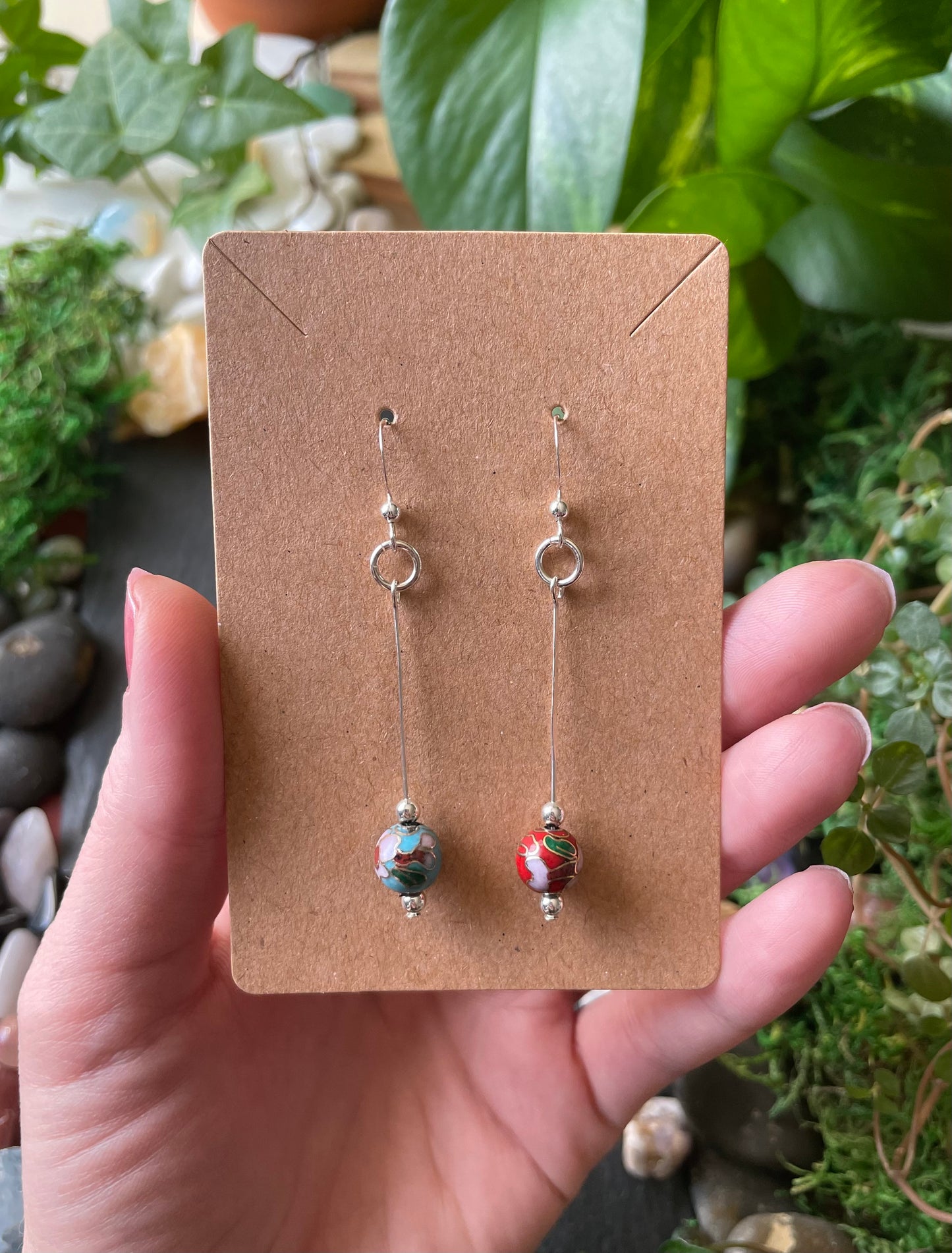 Silver Drop Earrings With Blue And Red Cloisonné Flower Beads In .925 Sterling Silver