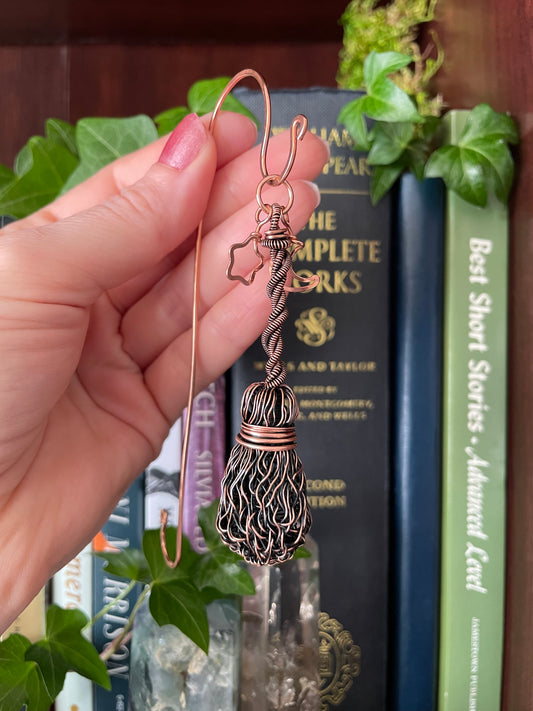 106. Made To Order - Miniature Copper Broom Bookmark With Twisted Handle And Classic Broom Bristles, Mini Bookshelf Broom With Star And Moon
