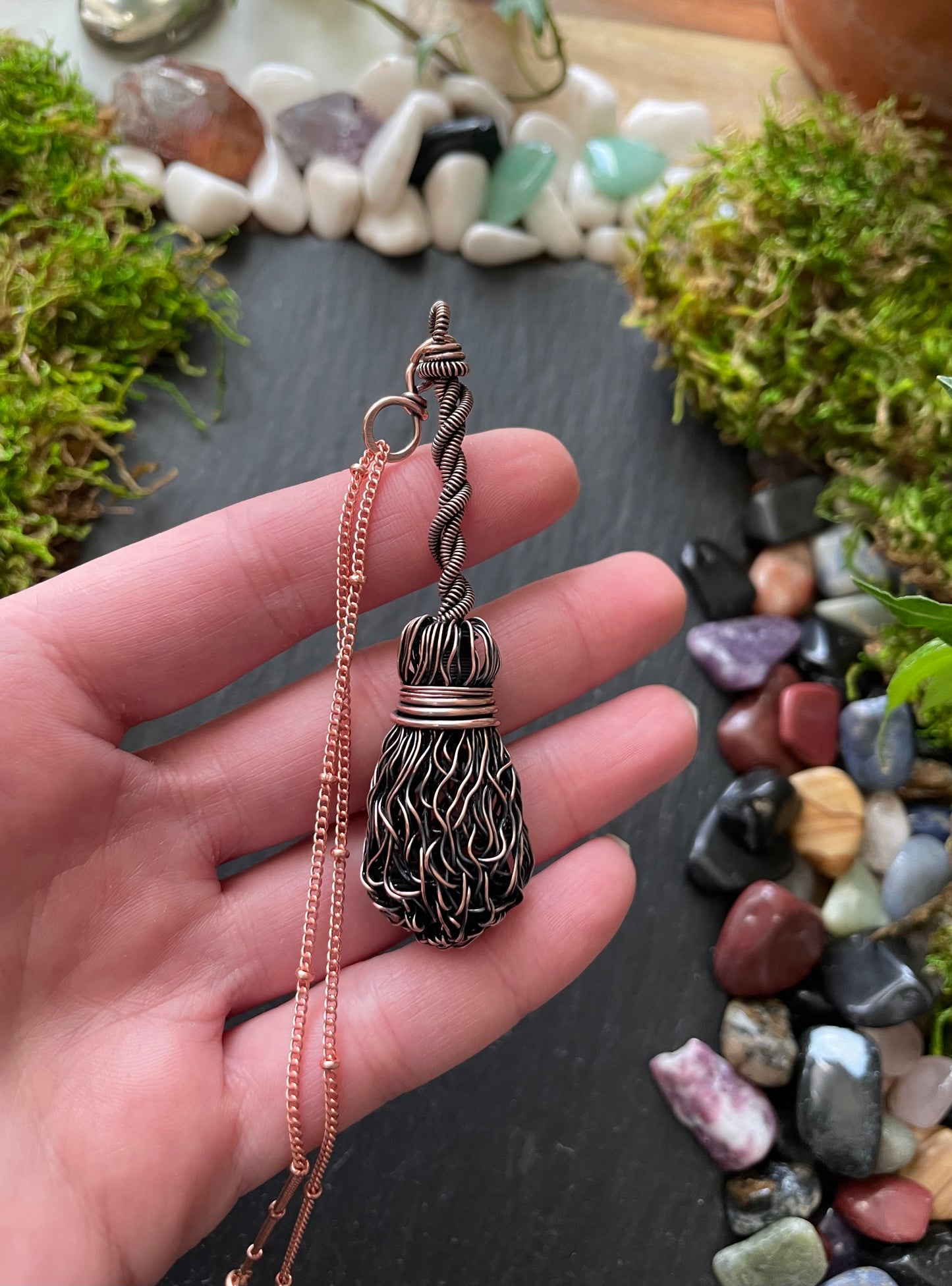 Image of miniature copper wire broom with twisted handle