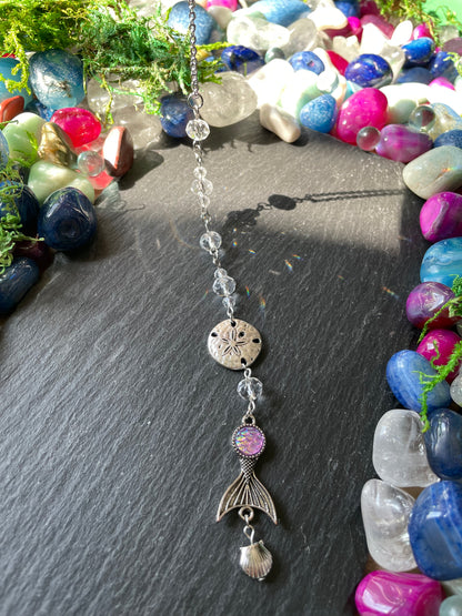 Mermaid Car Mirror Charm With Glass Beads, Sand Dollar, Clam Shell, And Mermaid Tail